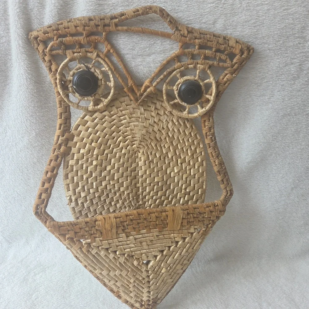 Vintage Boho Owl Woven Wicker Wall Pocket Mail Trivet Holder Cottagecore Read